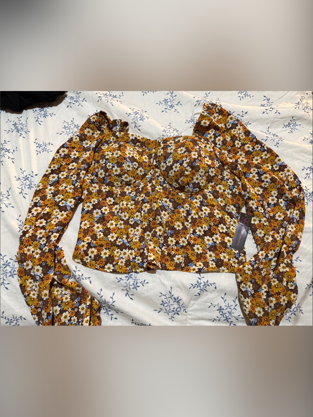 No Boundaries Brown Floral Long Sleeve Sweetheart Bustier Top